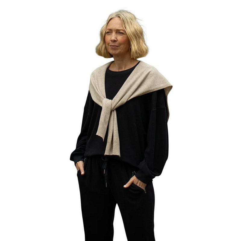 Chalk Clothing Tori Shrug Light Fawn on model front