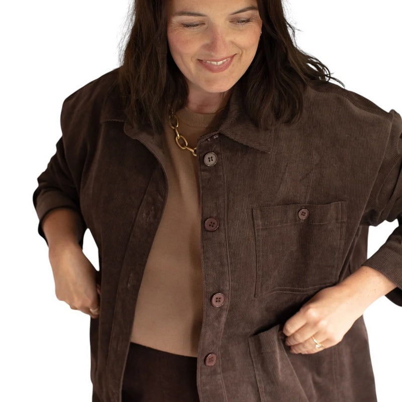 Chalk Clothing UK Lennie Jacket in Warm Chocolate on model close-up