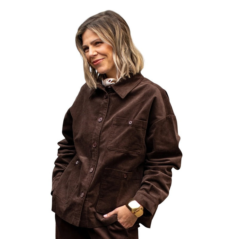 Chalk Clothing UK Lennie Jacket in Warm Chocolate on model front closed