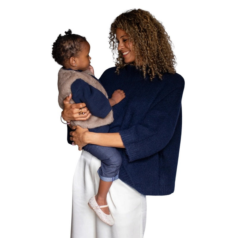 Chalk Clothing UK Vicki Fluffy Jumper Navy on model holding child