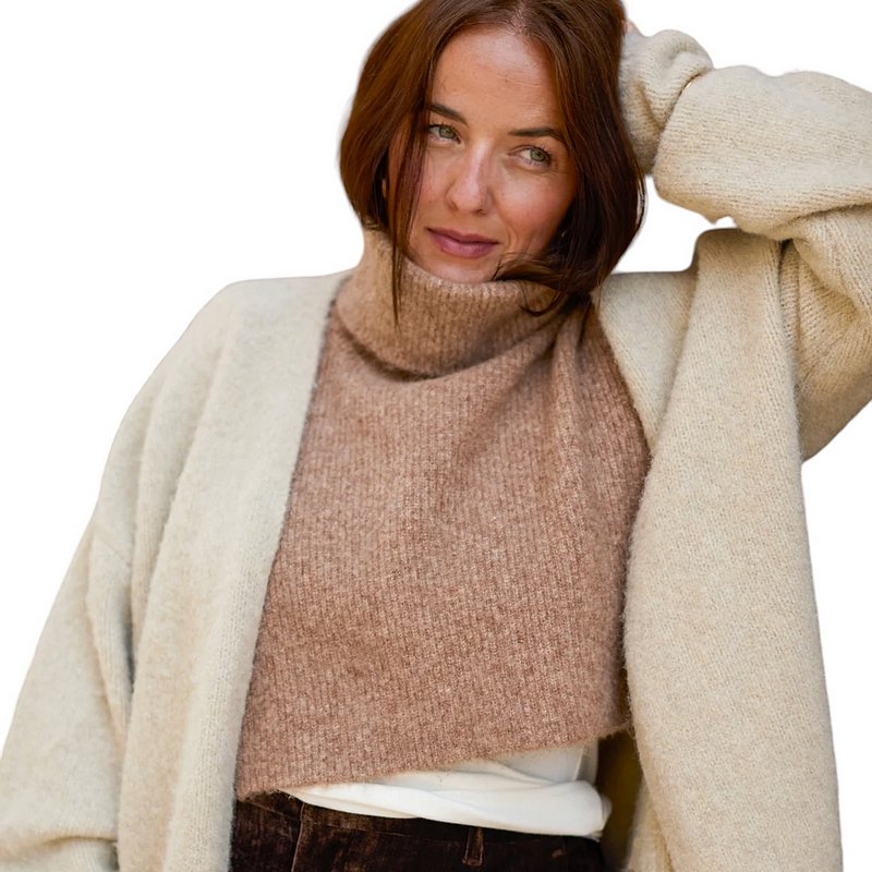 Chalk Clothing Vivian Roll Neck Scarf Marl Sand on model front 2