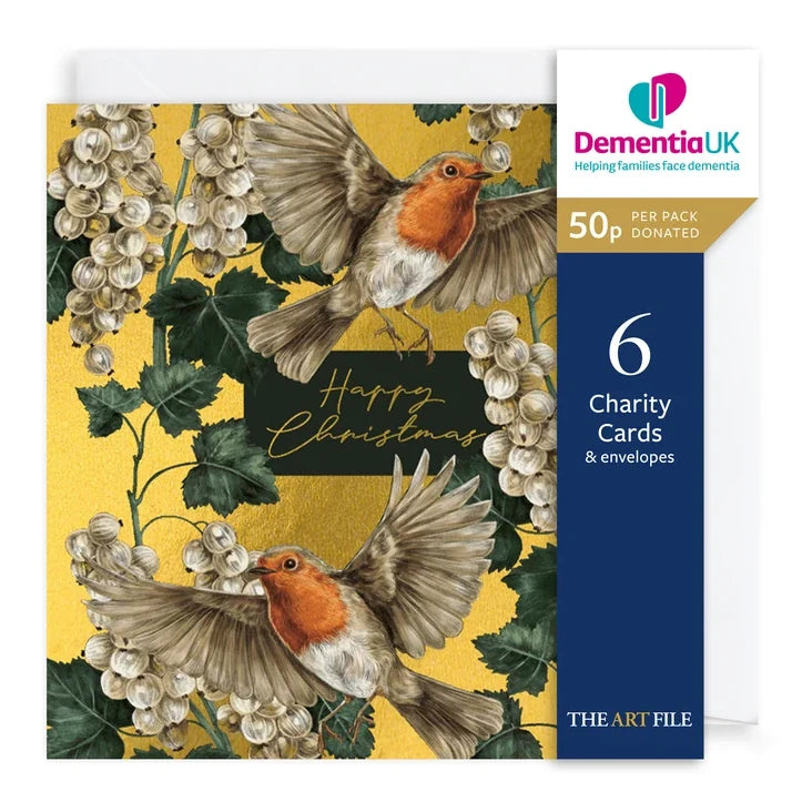 Charity Christmas Cards 6 Pack Robins on Gold Happy Christmas XP448 pack front