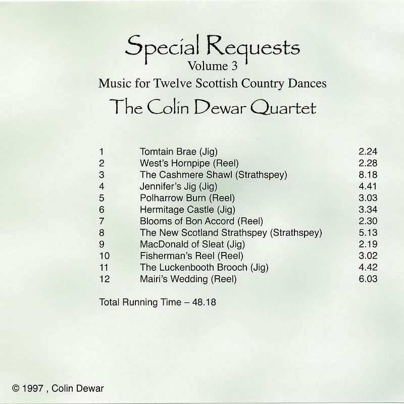 Colin Dewar Quartet - Special Requests Volume 3 SRCD003 CD track list