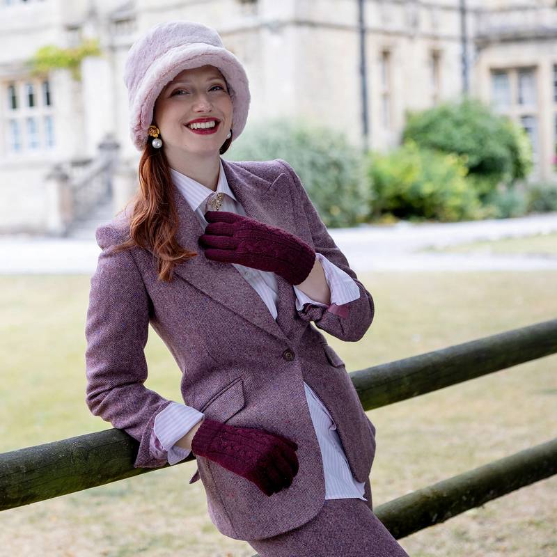 Dents Cable Knit Fleece Lining Glove Damson 6-3186 on model