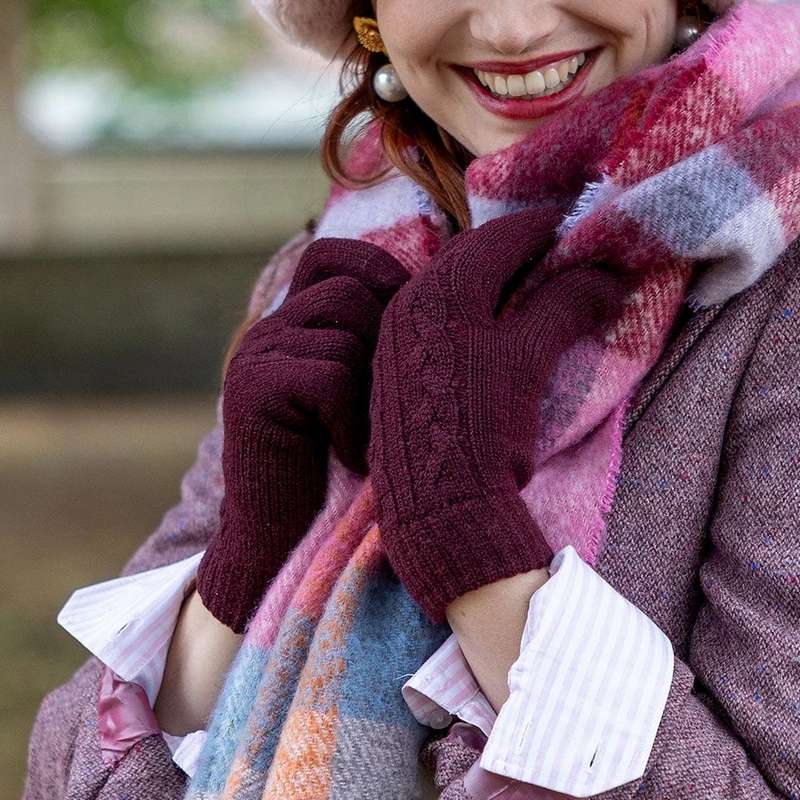 Dents Cable Knit Fleece Lining Glove Damson 6-3186 on model close-up