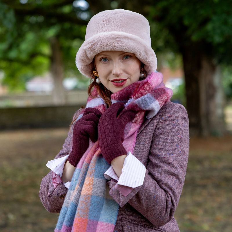 Dents Check Scarf with Tassle Ends Candy and Pale Blue 4-2904 on model 2