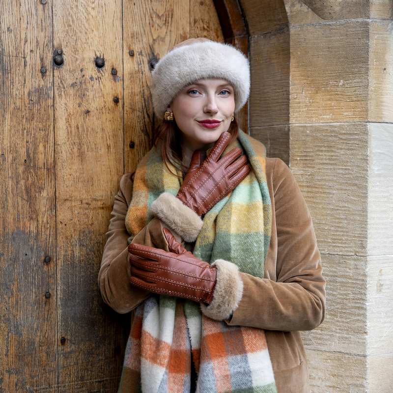 Dents Check Scarf with Tassle Ends Olive and Pumpkin 4-2904 on model