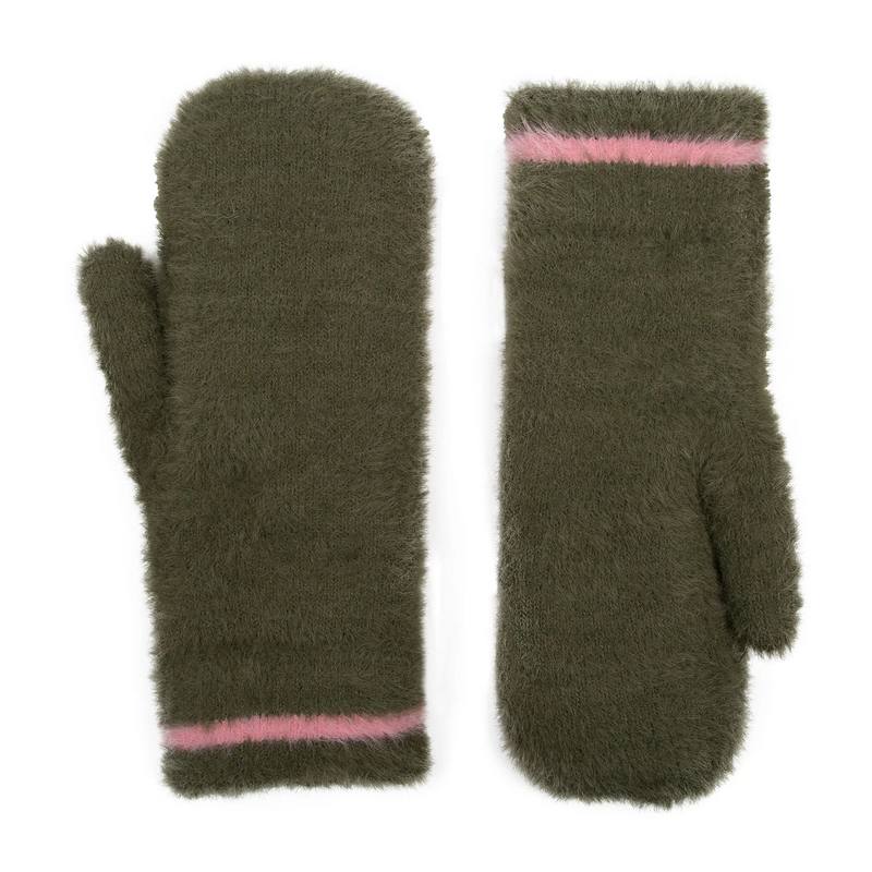 Dents Feather Yarn Knitted Mitten Olive/Pink 6-3294-OLIVE-PINK front and back