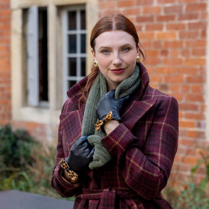 Dents Feather Yarn Knitted Snood Olive 4-2859 on model