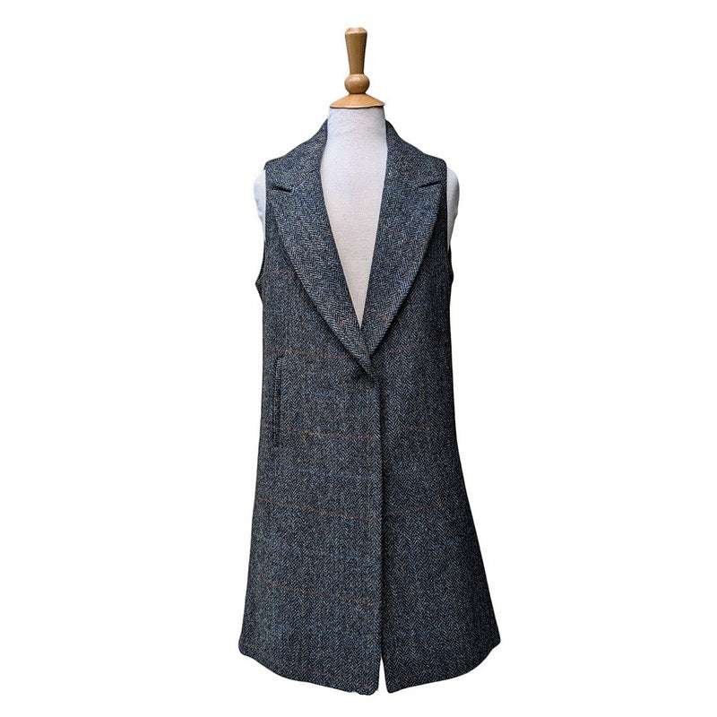 Eliz Scott Harris Tweed Taylor Long Gilet Blue HD509 front