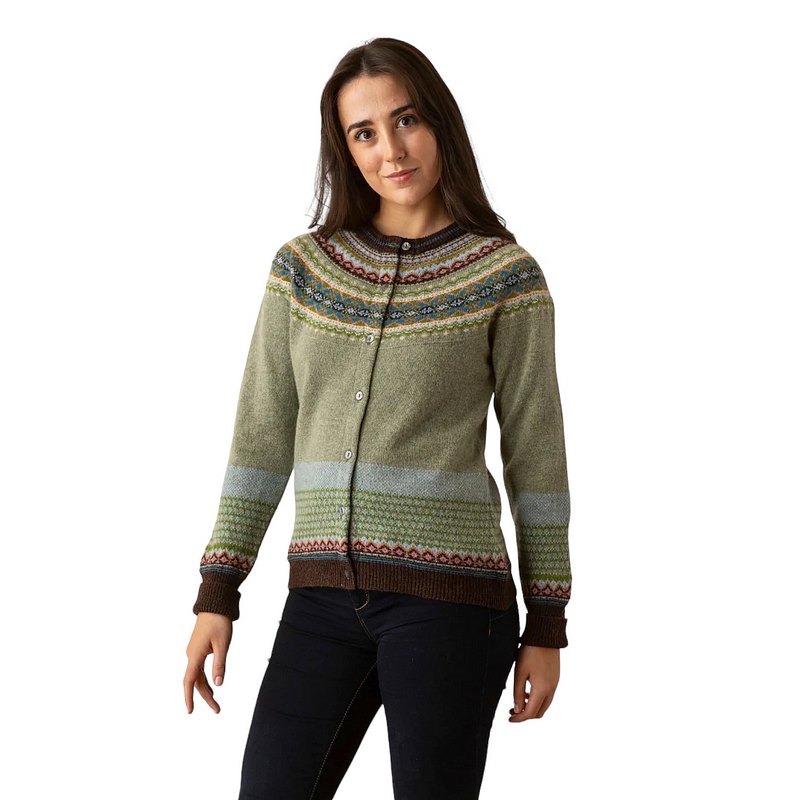 Eribe Knitwear Alpine Fairisle Merino Cardigan in Willow on model front