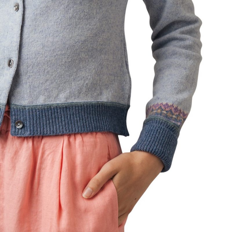 Eribe Knitwear Alpine Short Cardigan Dove on model detail