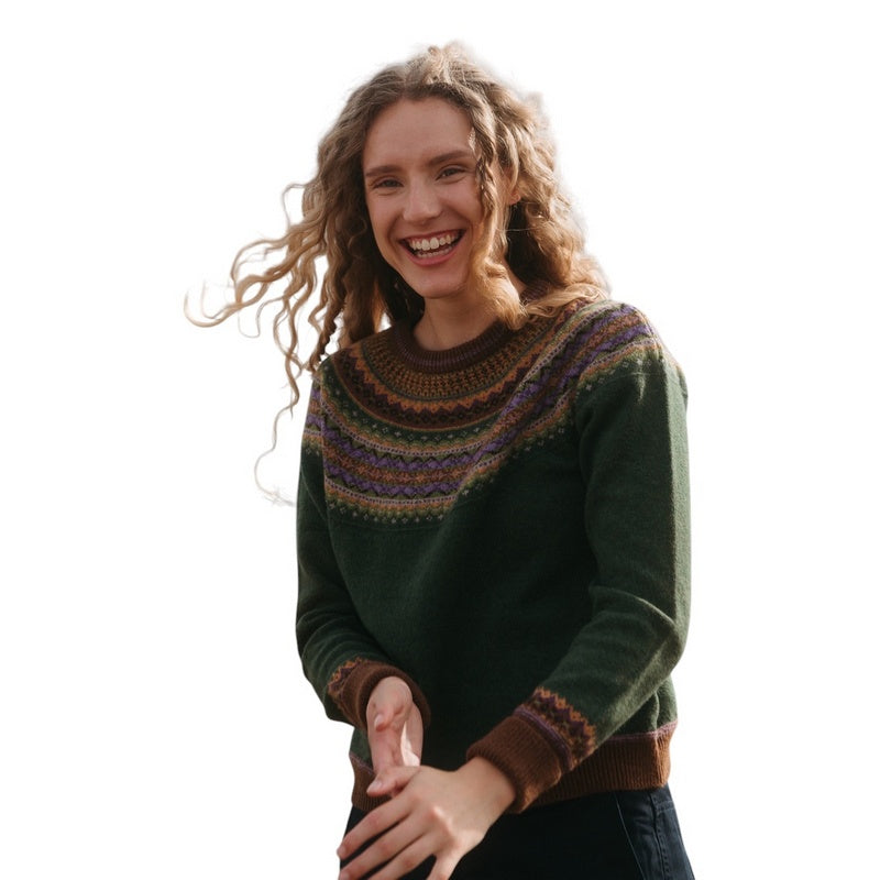 Eribe Knitwear Alpine Short Sweater Thistle on model laughing