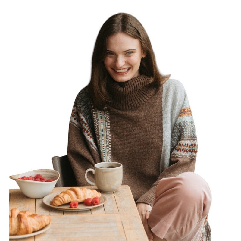 Eribe Knitwear Montrose Cowl Neck Sweater Mushroom on model sitting front