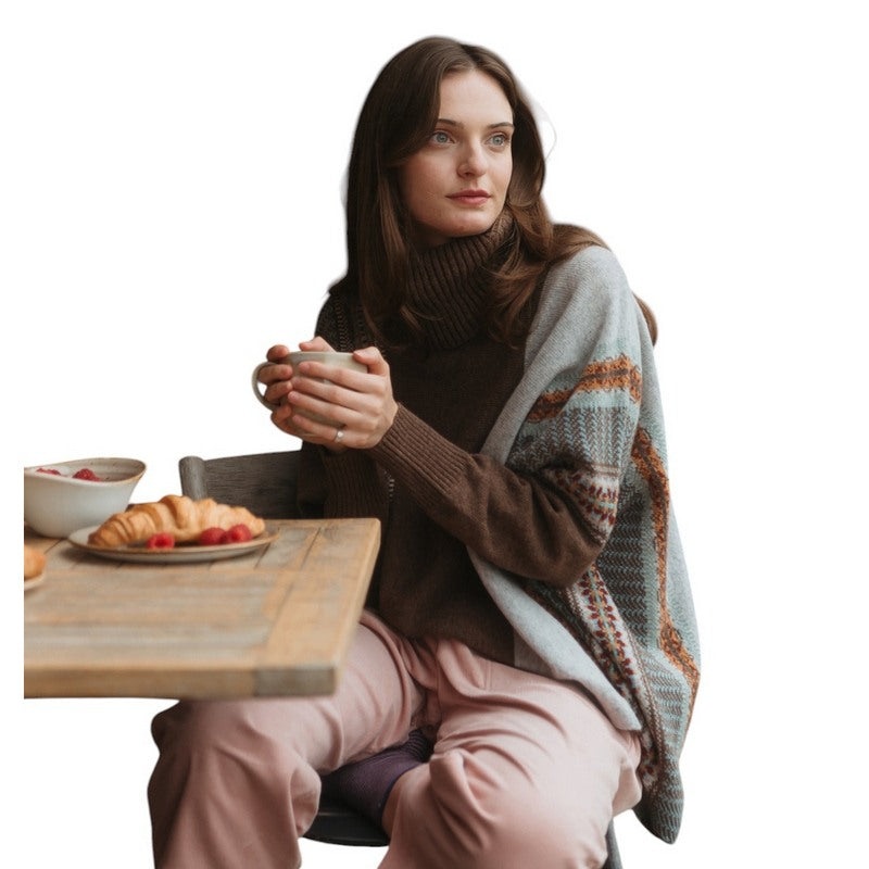 Eribe Knitwear Montrose Cowl Neck Sweater Mushroom on model sitting side