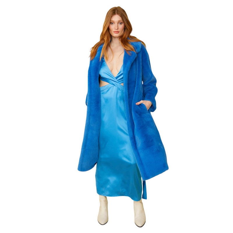 Faux Fur Midi Coat Greek Blue FMCT575A-07H on model main
