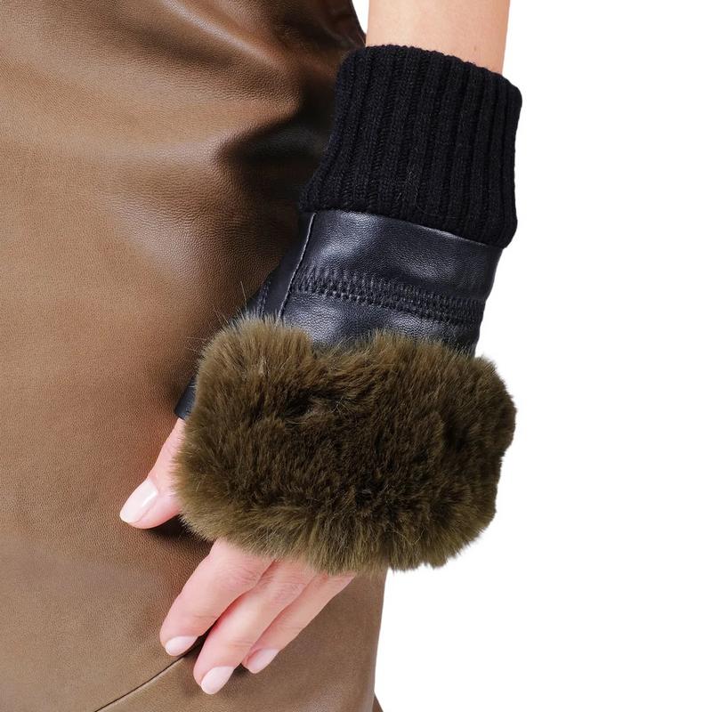 Fingerless Leather Gloves with Faux Fur Olive Green Trim GLVFM506A-G07 on model close-up