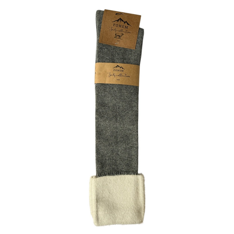 Fonem Wool Socks Grey With Cream Cuff packaged