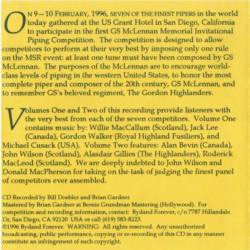 GS McLennan Memorial Piping Competition 1996 Vol 2 CD inside