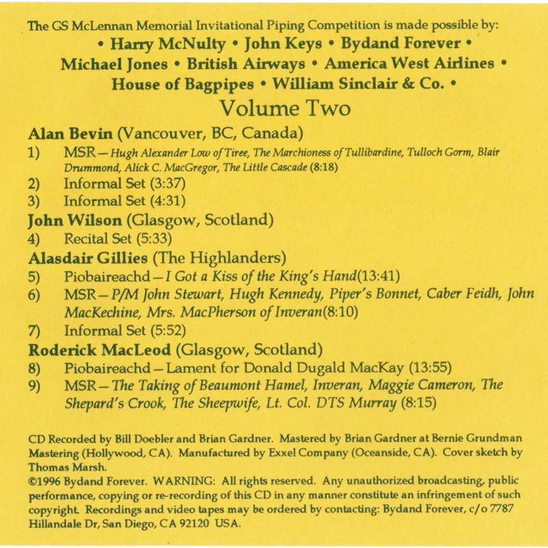 GS McLennan Memorial Piping Competition 1996 Vol 2 CD rear