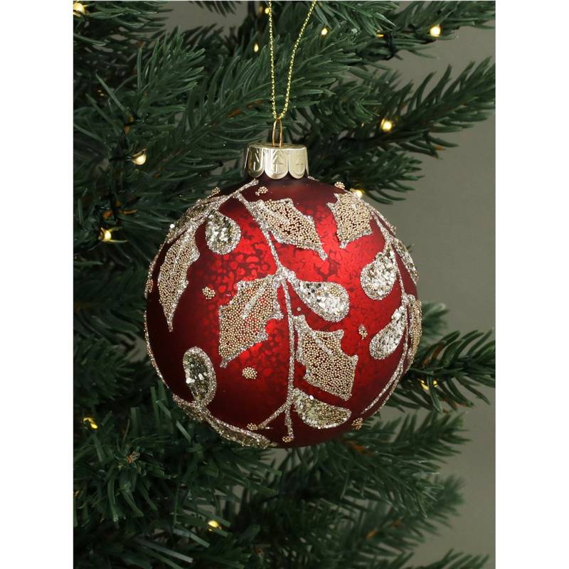 Gisela Graham Antique Red Glass Bauble with Gold & Silver Beaded Holly 02316 on tree
