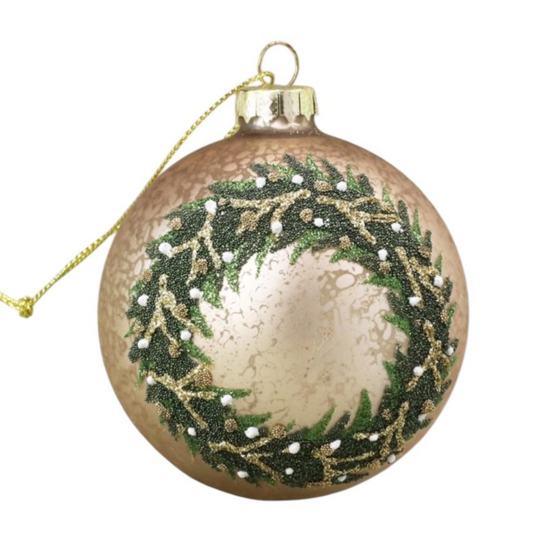 Gisela Graham Antiqued Glass Ball with Green Beaded Wreath 02154 front