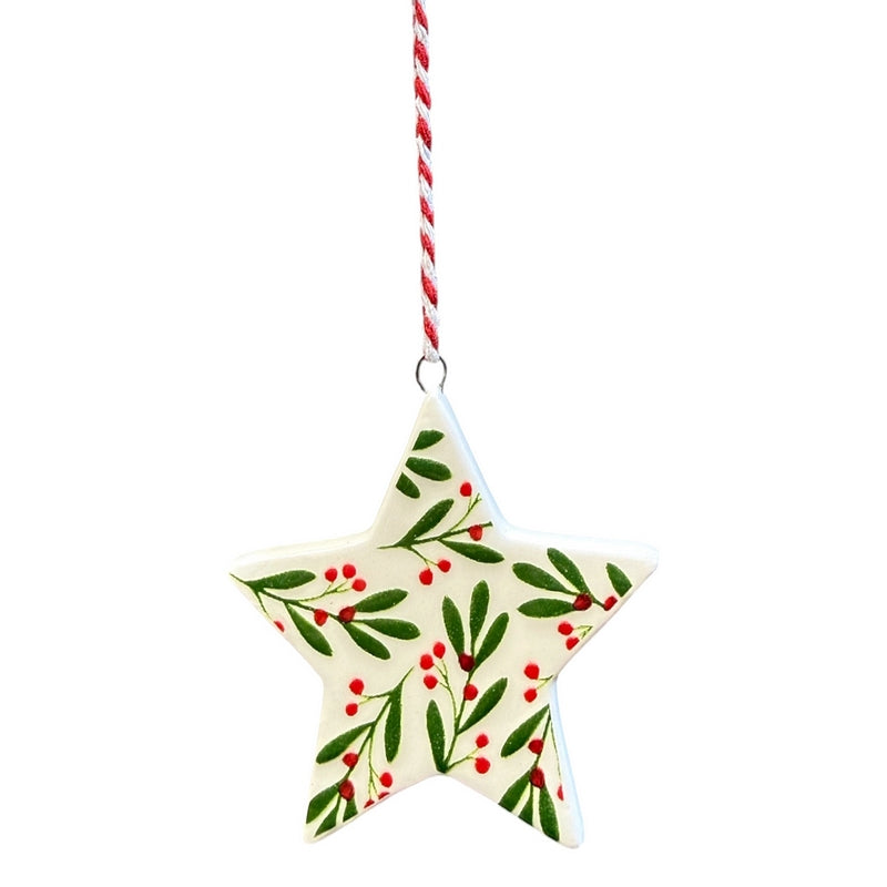 Gisela Graham Ceramic Star with Holly & Berries Decoration 10092 berries