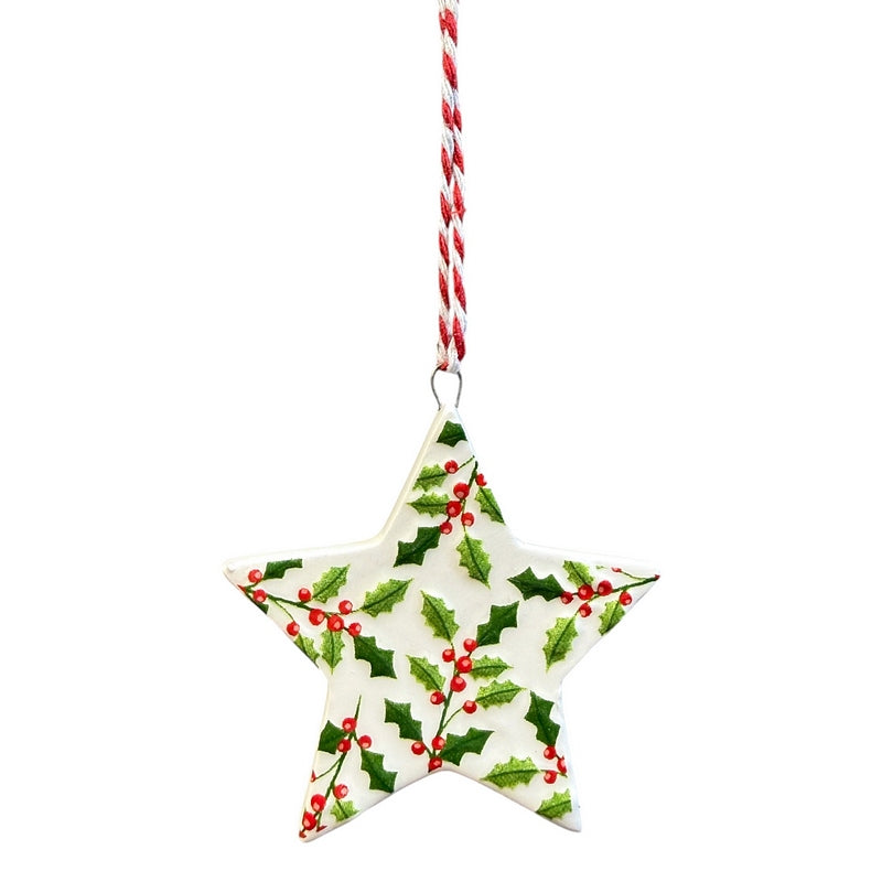 Gisela Graham Ceramic Star with Holly & Berries Decoration 10092 holly