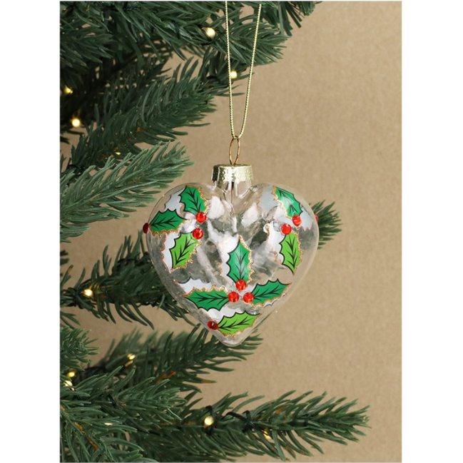 Gisela Graham Clear Glass Heart With Diamante Holly Xmas Decoration 00983