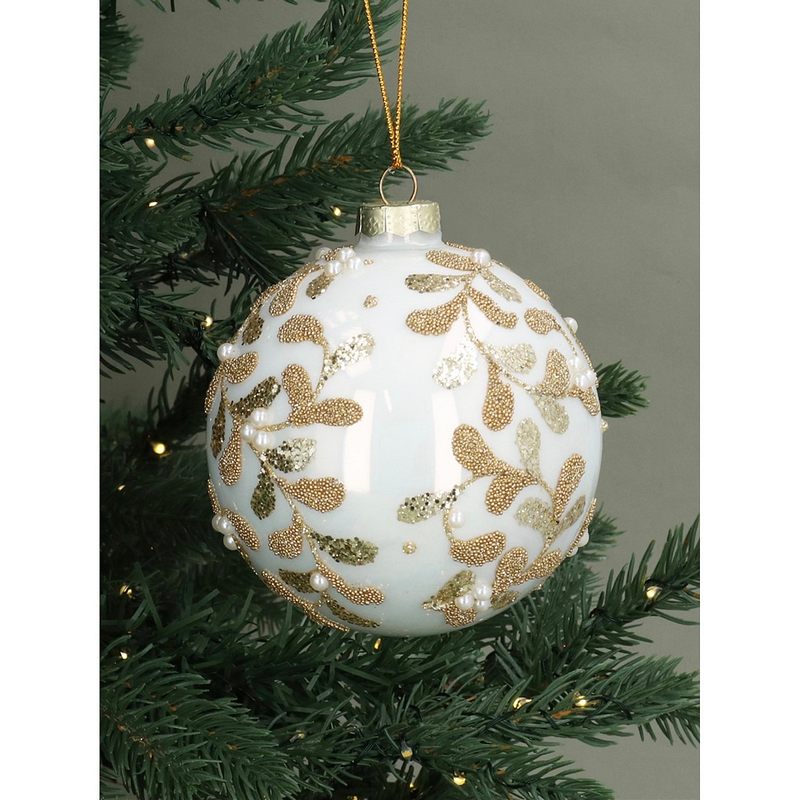 Gisela Graham Cream & Gold Beaded Vines Glass Bauble 01259 on tree