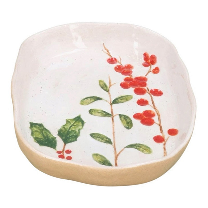 Gisela Graham Holly & Red Berries Stoneware Oval Dish 39125 angled