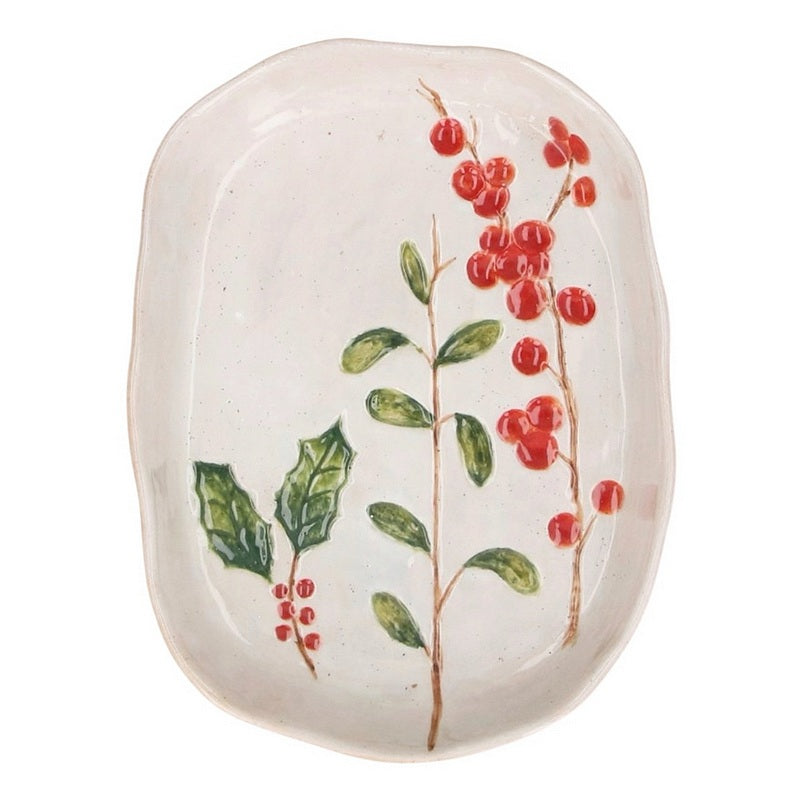 Gisela Graham Holly & Red Berries Stoneware Oval Dish 39125 main