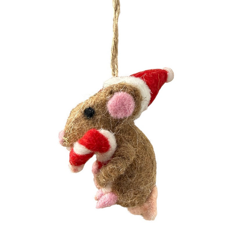 Gisela Graham Mixed Wool Mouse with Candy Cane Decoration 10137 left side