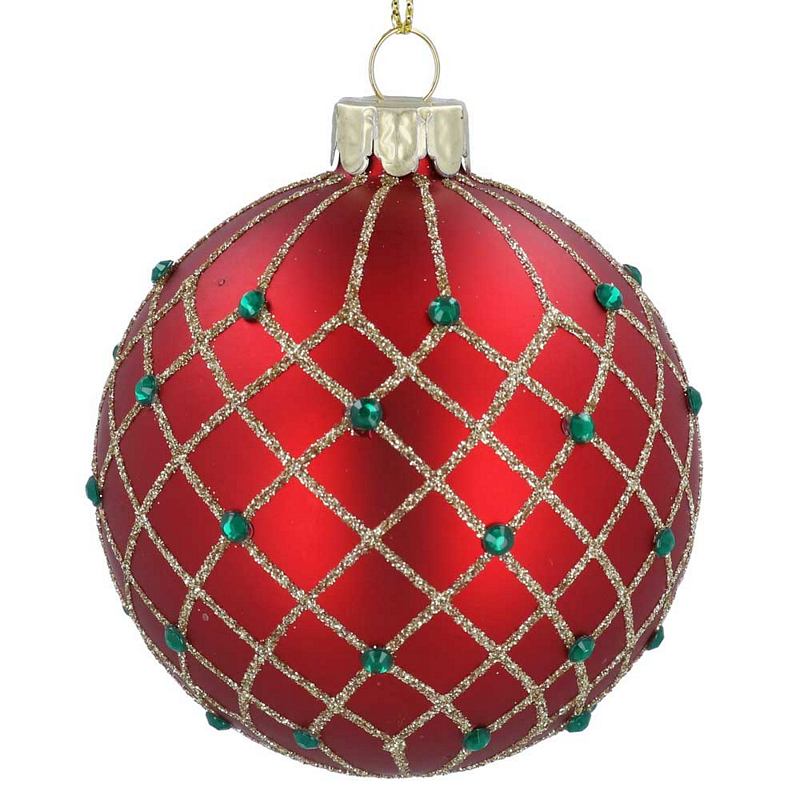 Gisela Graham Red Glass Ball with Gold Trellis & Green Jewel Decoration 01176 front
