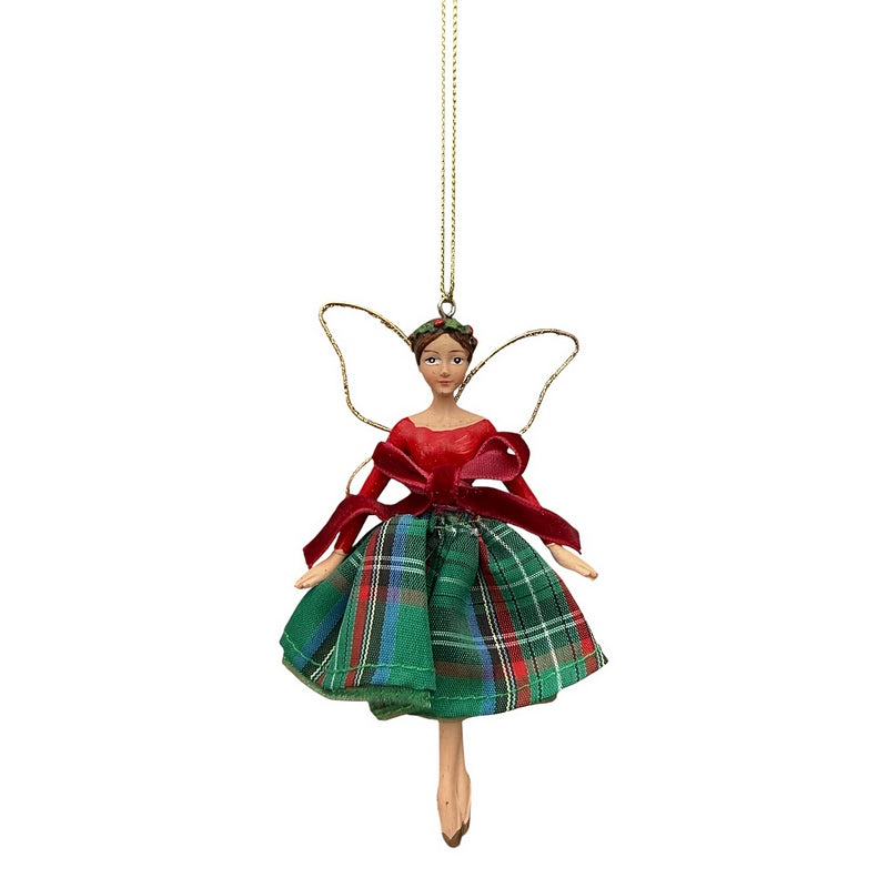 Gisela Graham Resin Fairy Tartan Skirt 13cm 11471 green front