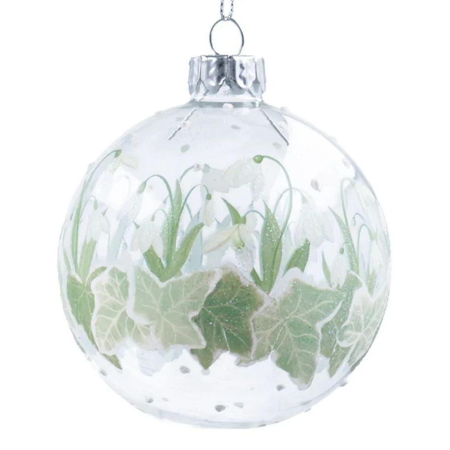 Clear Snowdrops & Ivy Glass Bauble