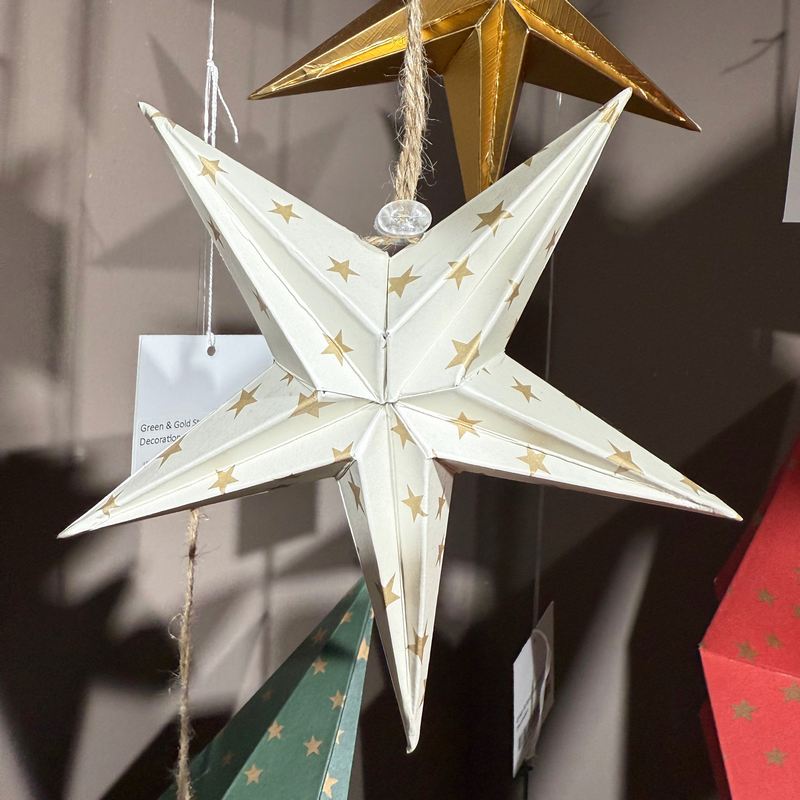 Gisela Graham White & Gold Stars Paper Star Decoration 10946 hanging