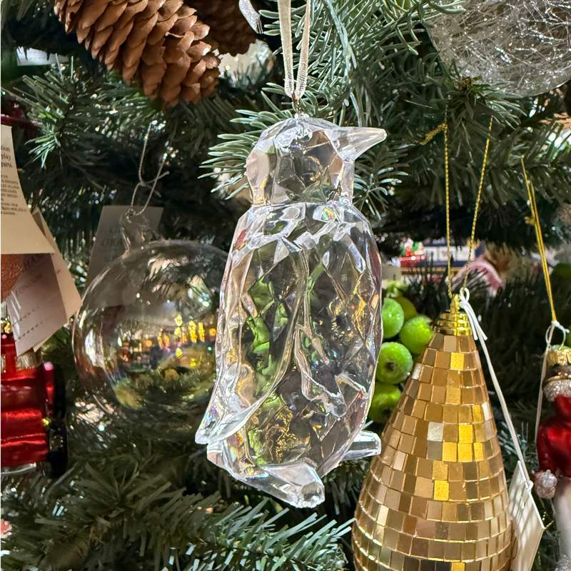 Gisela Graham Clear Acrylic Penguin Decoration 17613 on tree