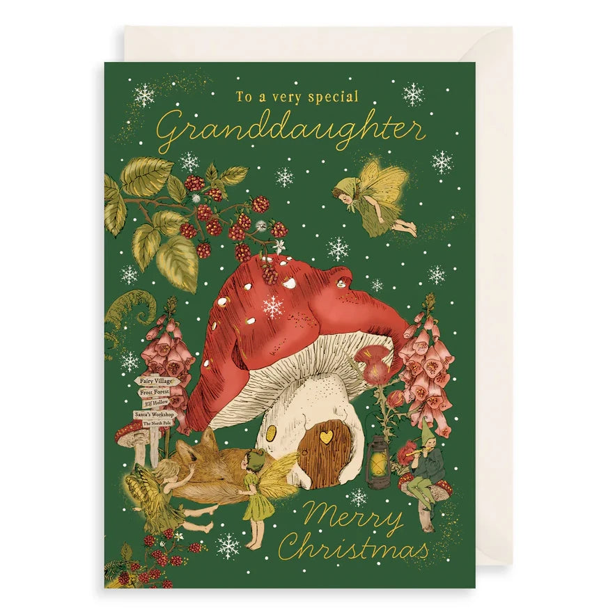 Granddaughter Mushroom & Fairies Christmas Card AFRX281 front
