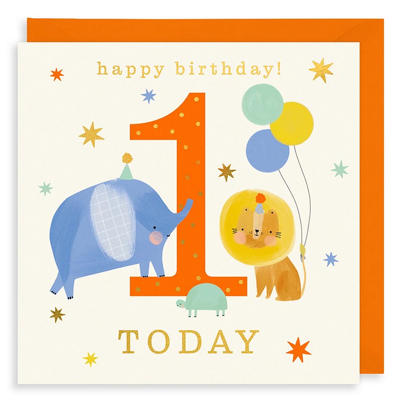 Happy Birthday 1 Today Elephant and Lion Card PY01 front