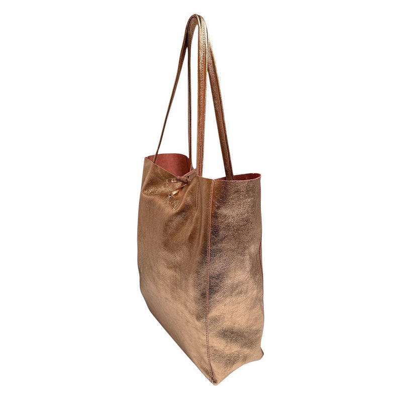 Italian Big Leather Tote in Rose Gold angled