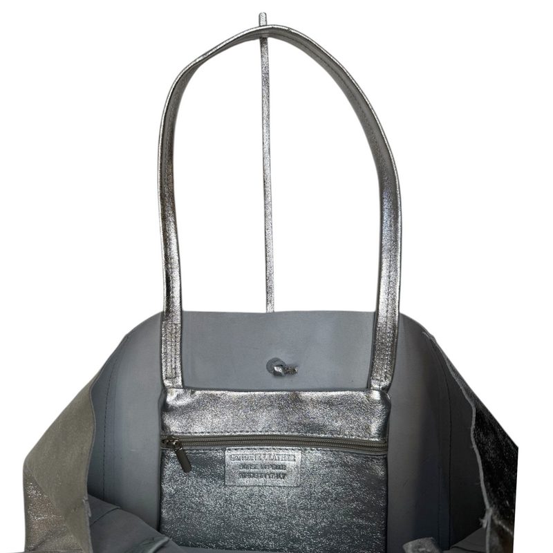 Italian Big Leather Tote in Silver inside pocket