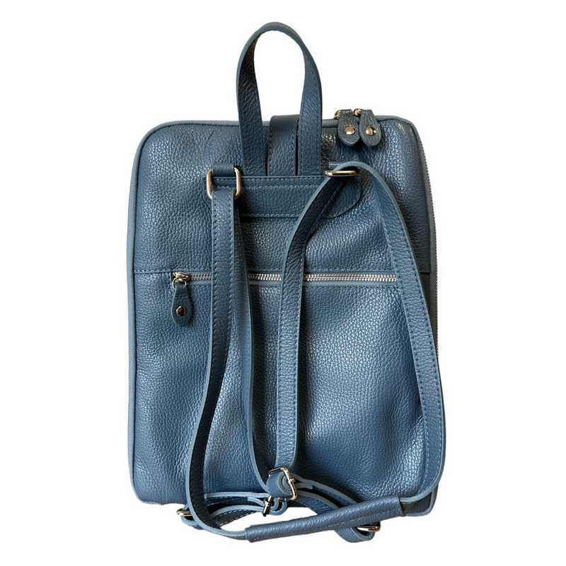 Italian Leather Backpack in Denim Blue back