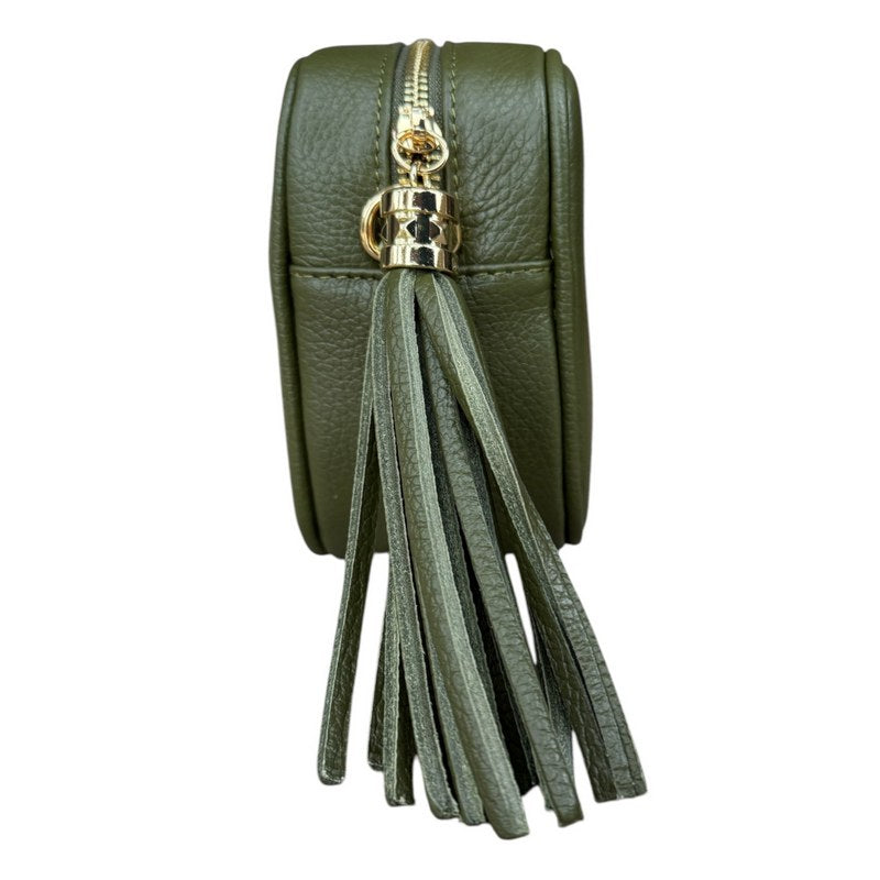 Italian Leather Big Box Bag Olive Green tassel