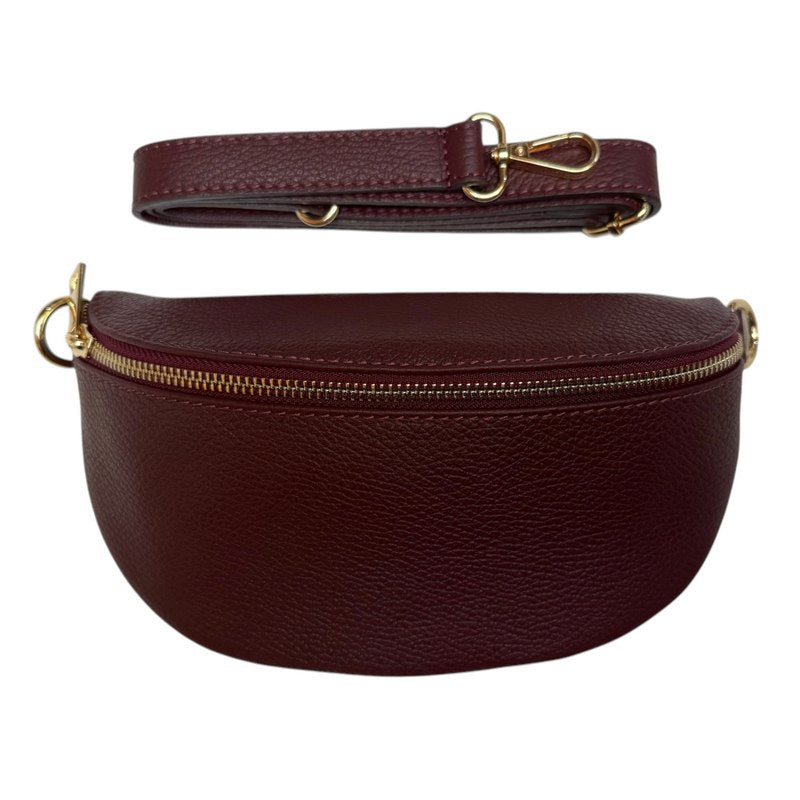 Italian Leather Crescent Waist Bag in Burgundy with strap