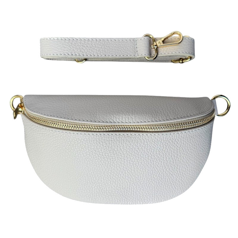 Italian Leather Crescent Waist Bag in Cream with strap