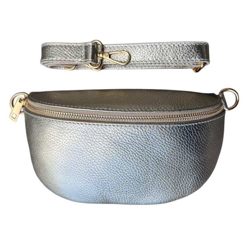 Italian Leather Crescent Waist Bag in Gold with strap folded