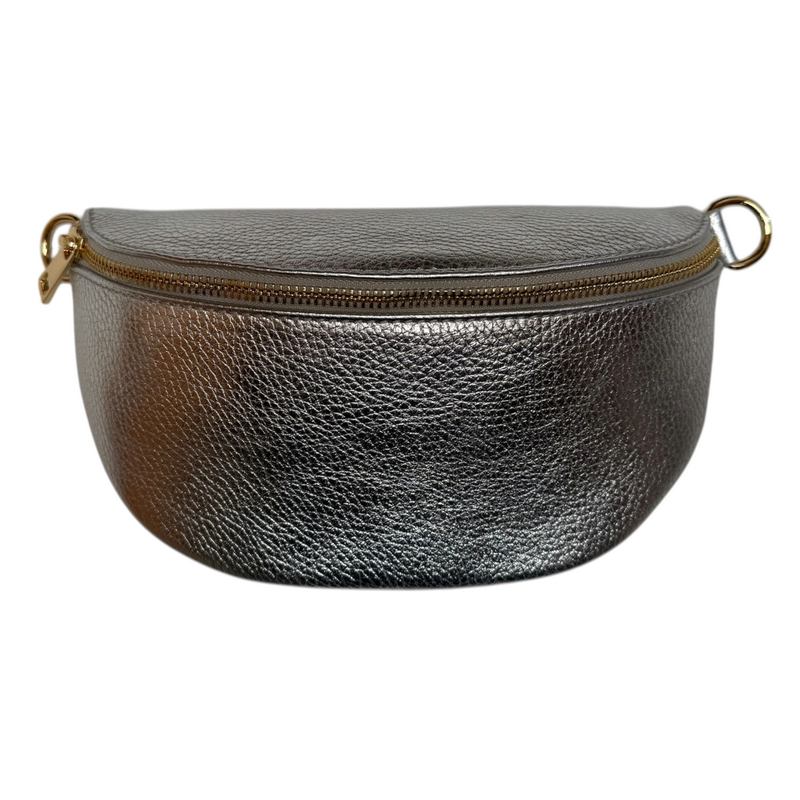 Italian Leather Crescent Waist Bag in Silver front