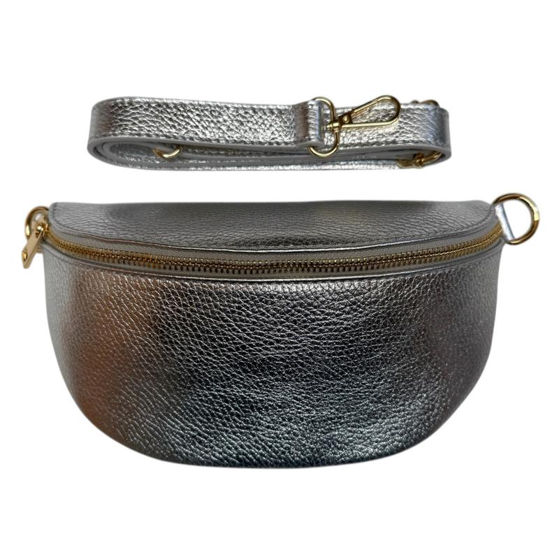 Italian Leather Crescent Waist Bag in Silver with strap