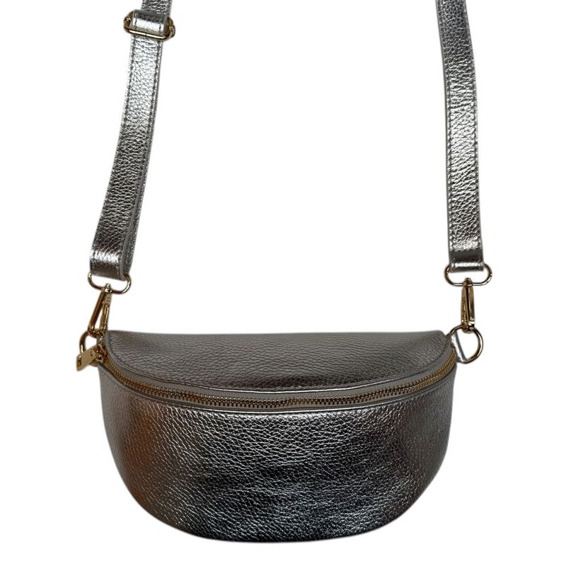 Italian Leather Crescent Waist Bag in Silver main